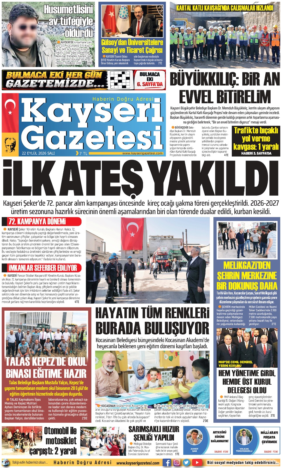 KAYSERİ GAZETESİ 22 EYLÜL 2026 SAYFALARI