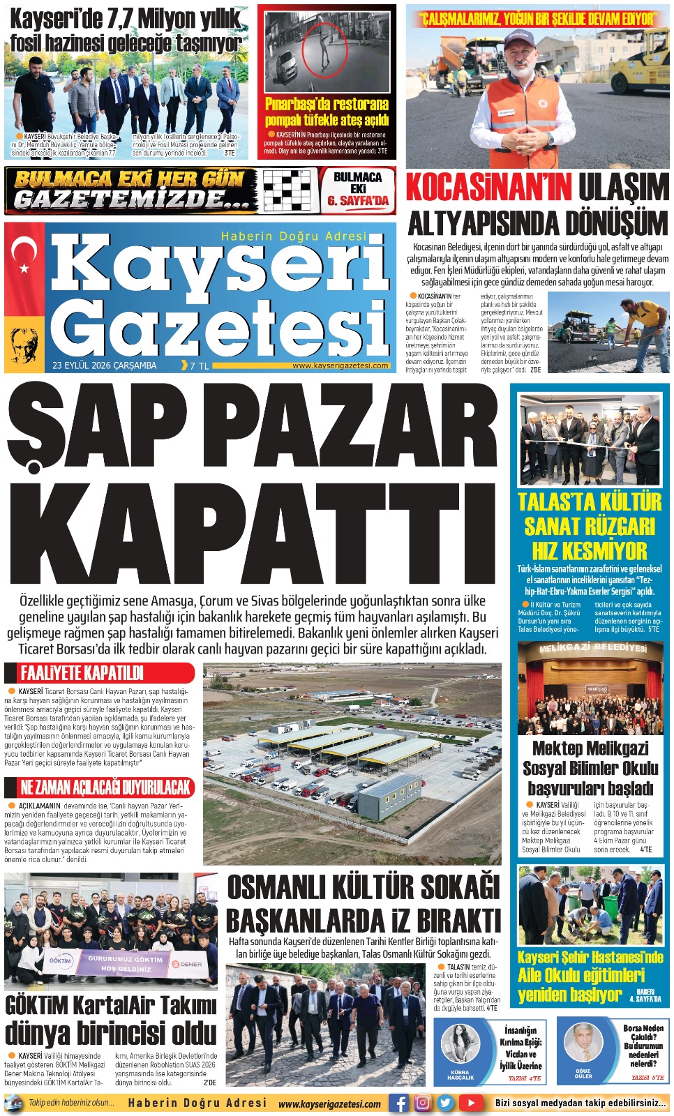 KAYSERİ GAZETESİ 23 EYLÜL 2026 SAYFALARI