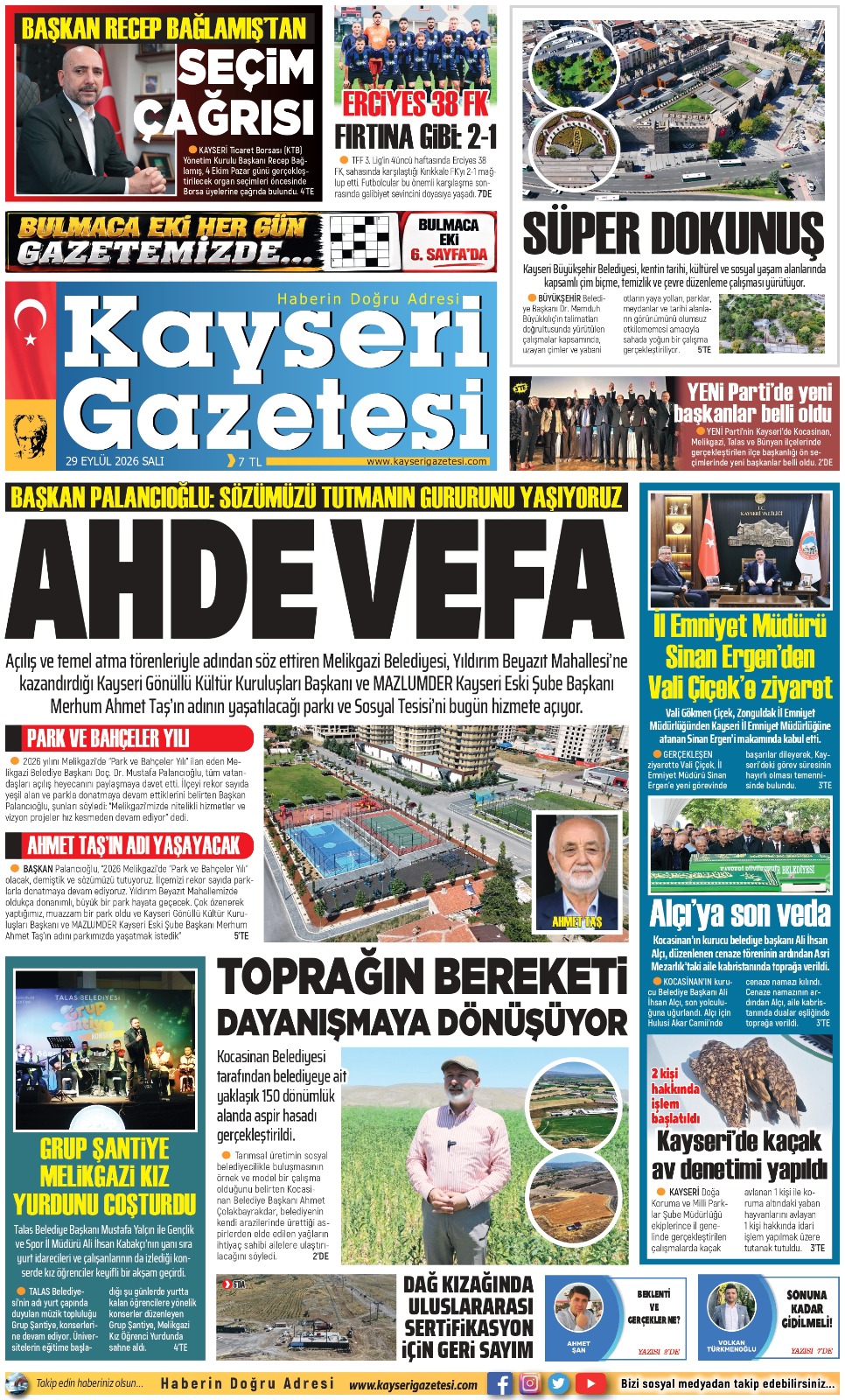 KAYSERİ GAZETESİ 29 EYLÜL 2026 SAYFALARI