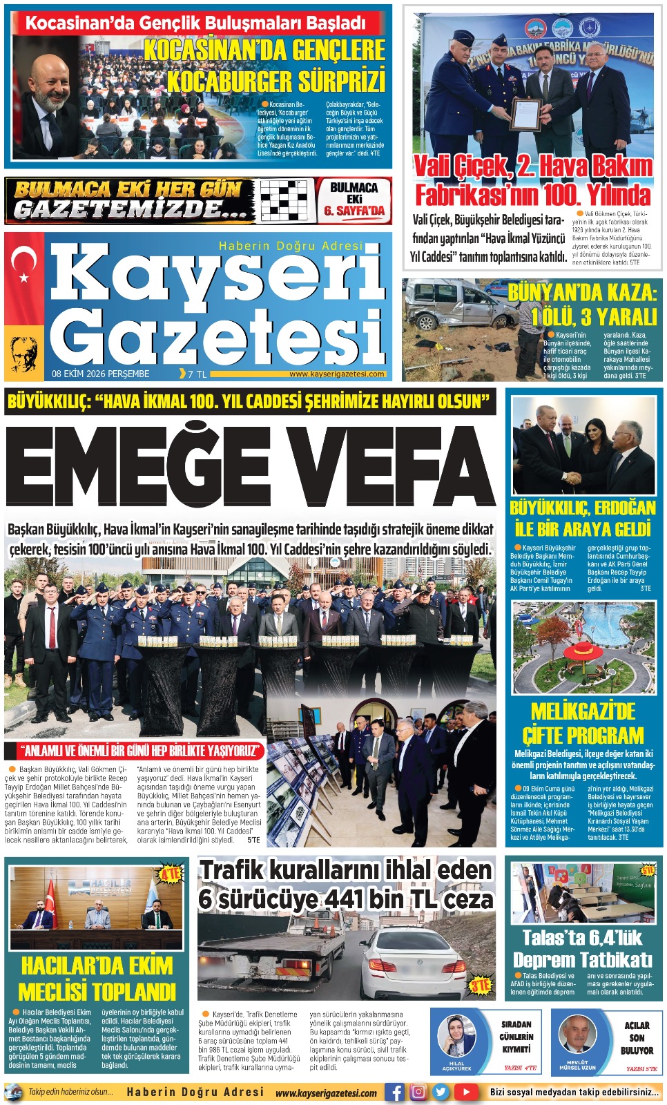 KAYSERİ GAZETESİ 08 EKİM 2026 SAYFALARI