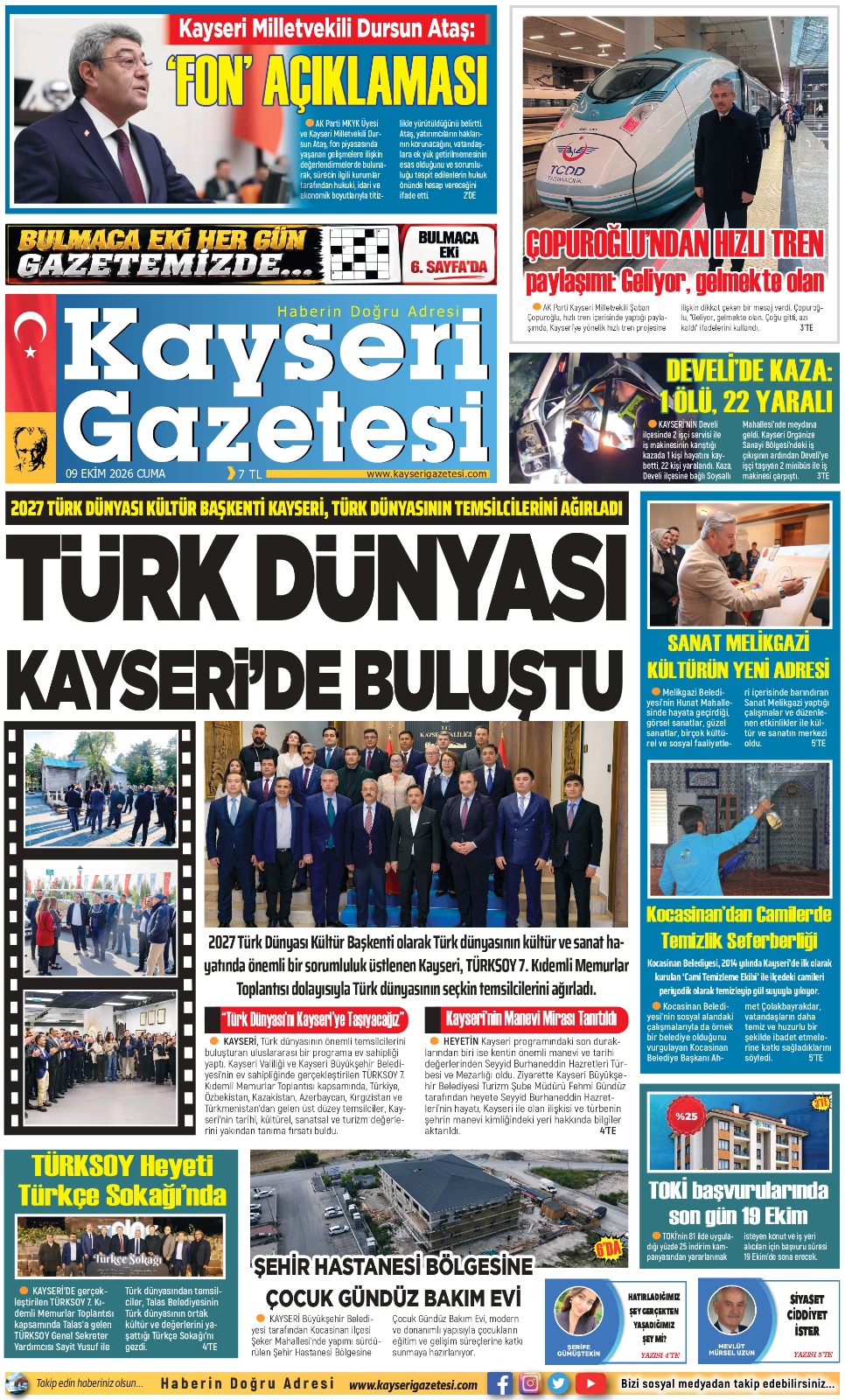 KAYSERİ GAZETESİ 09 EKİM 2026 SAYFALARI