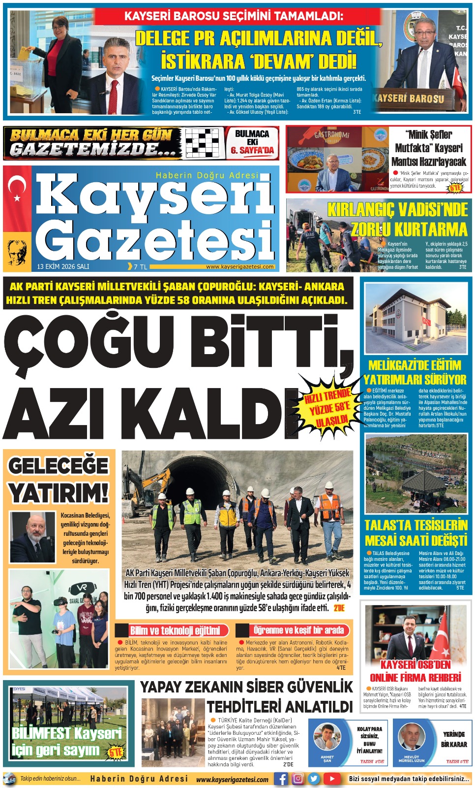 KAYSERİ GAZETESİ 13 EKİM 2026 SAYFALARI