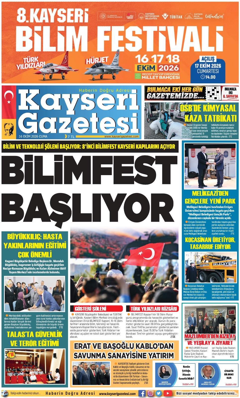 KAYSERİ GAZETESİ 16 EKİM 2026 SAYFALARI