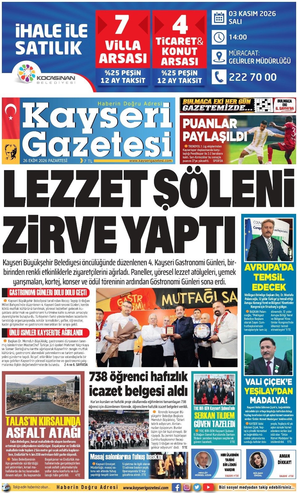 KAYSERİ GAZETESİ 26 EKİM 2026 SAYFALARI