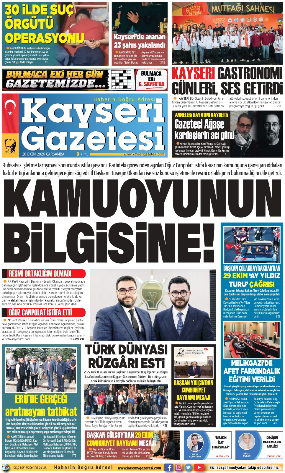 KAYSERİ GAZETESİ 28 EKİM 2026 SAYFALARI