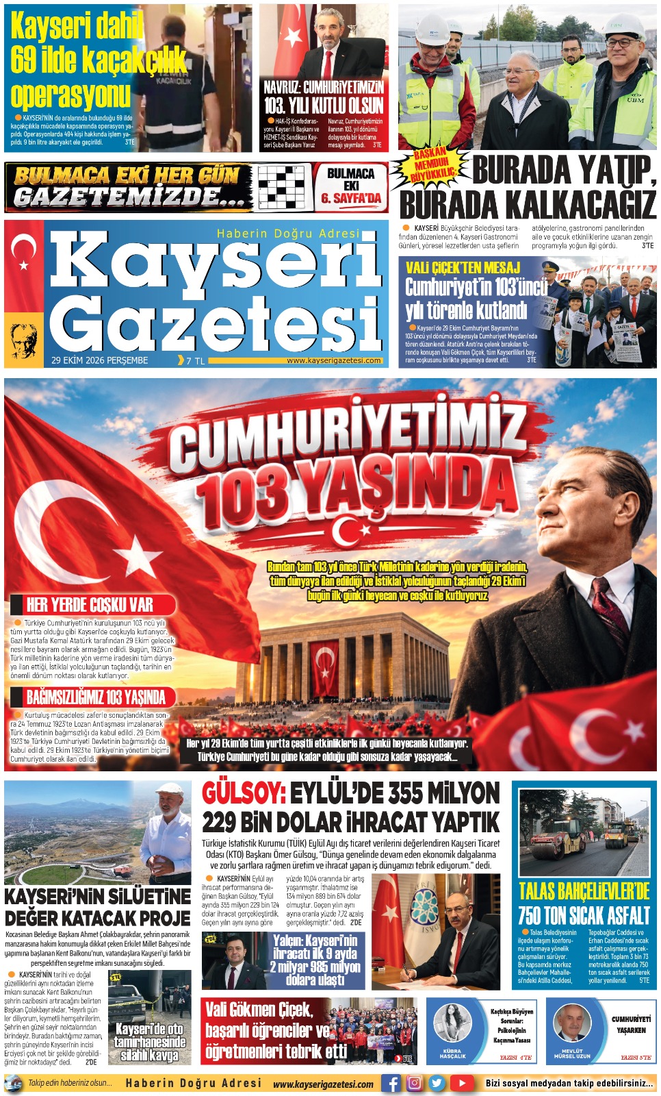 KAYSERİ GAZETESİ 29 EKİM 2026 SAYFALARI