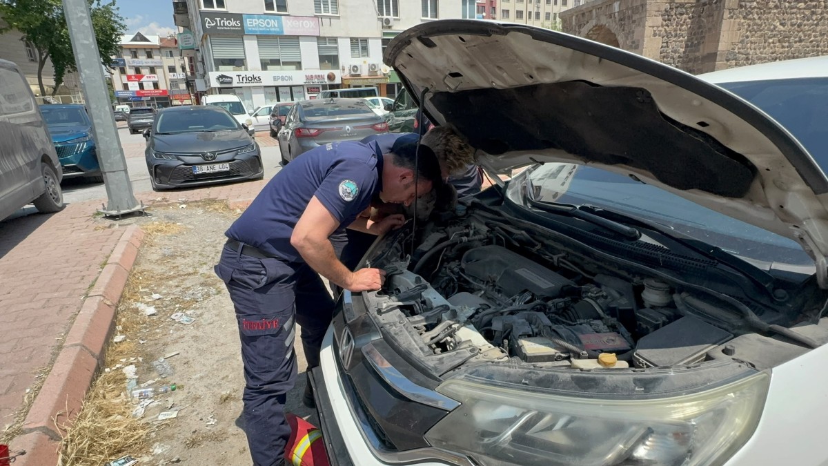 Otomobilin Motoruna Sıkışan Kedi İtfaiye Ekiplerince Kurtarıldı