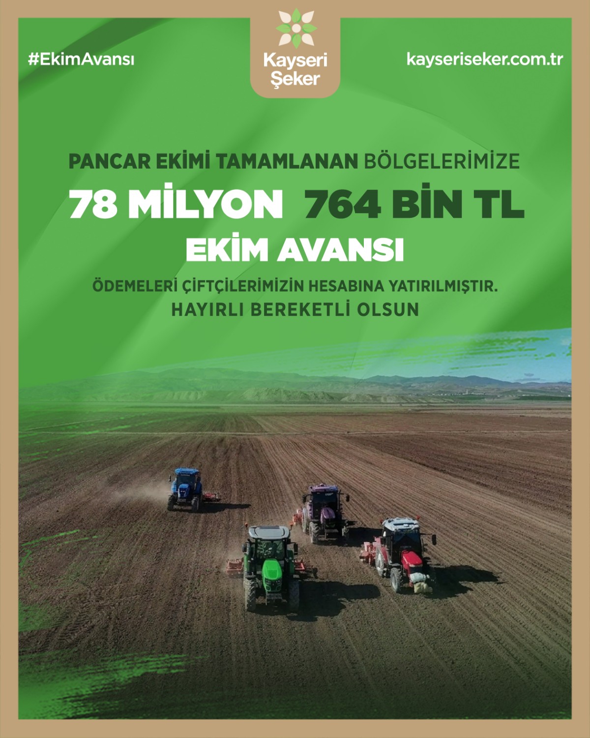 Kayseri Şeker'den Üreticiye 78 Milyon 764 Bin TL Ekim Avansı Desteği