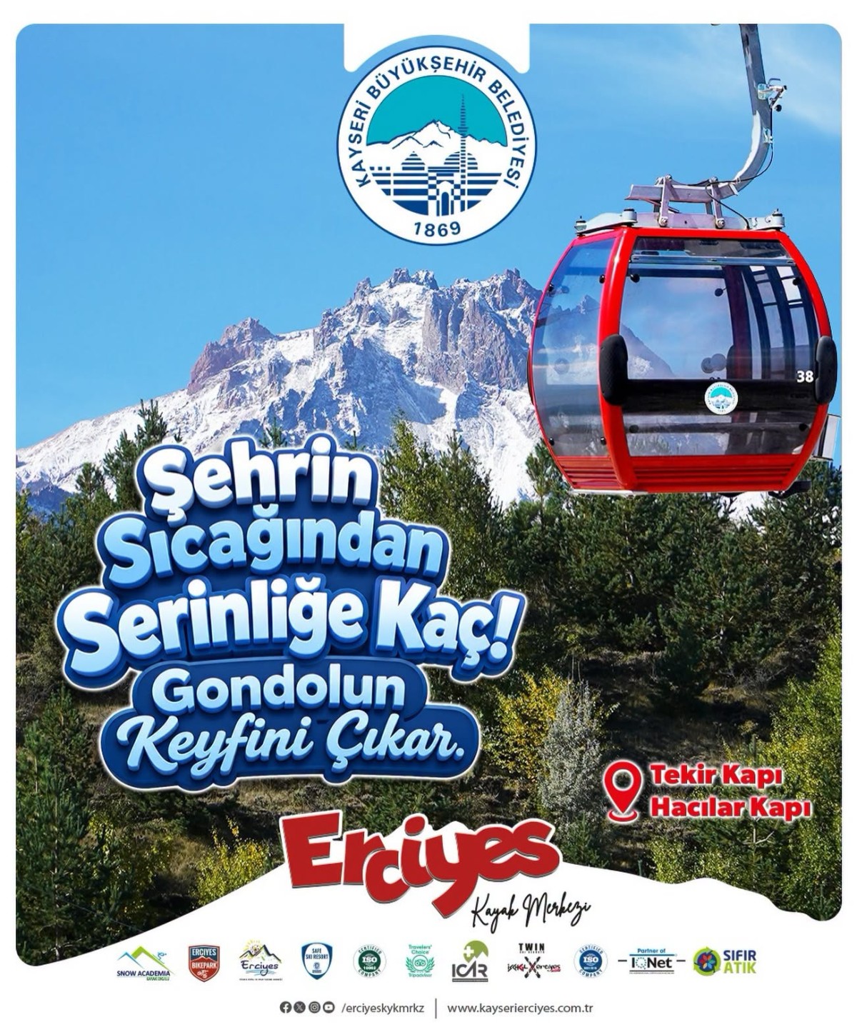 Erciyes’te Gondol Teleferikler Misafirlerini Zirveye Taşıyor