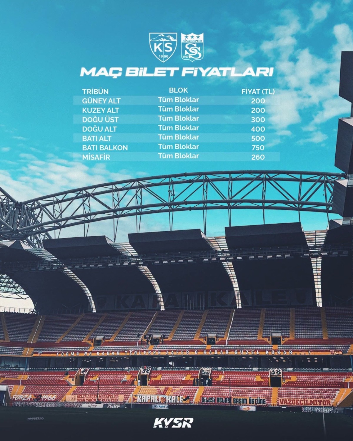 Kayserispor-Sivasspor Maçının Bilet Fiyatları Belli Oldu 