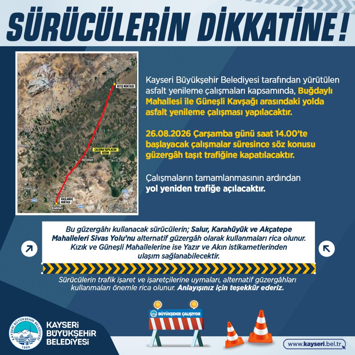 Buğdaylı-Güneşli Yolunda Asfalt Çalışması: Güzergah Trafiğe Kapatılacak